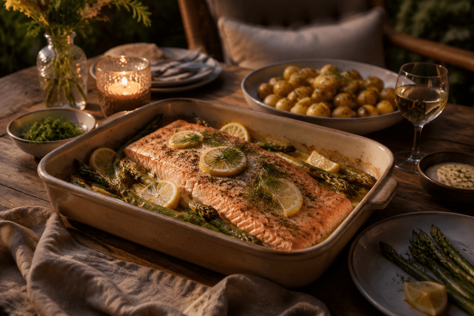 Ovenzalm in een warme rustige dinersetting