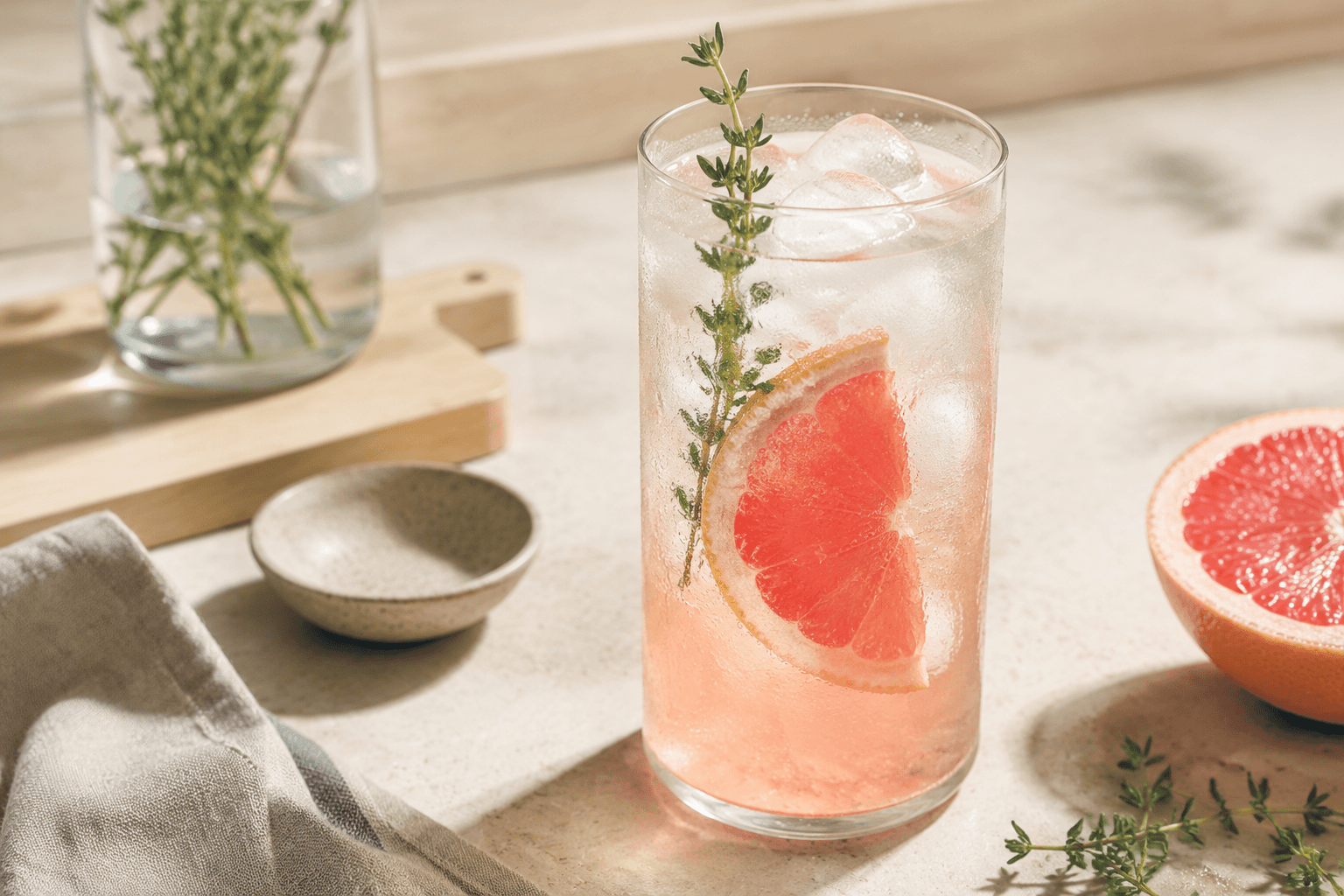 Bruisende grapefruit-vlierbloesem mocktail met tijm