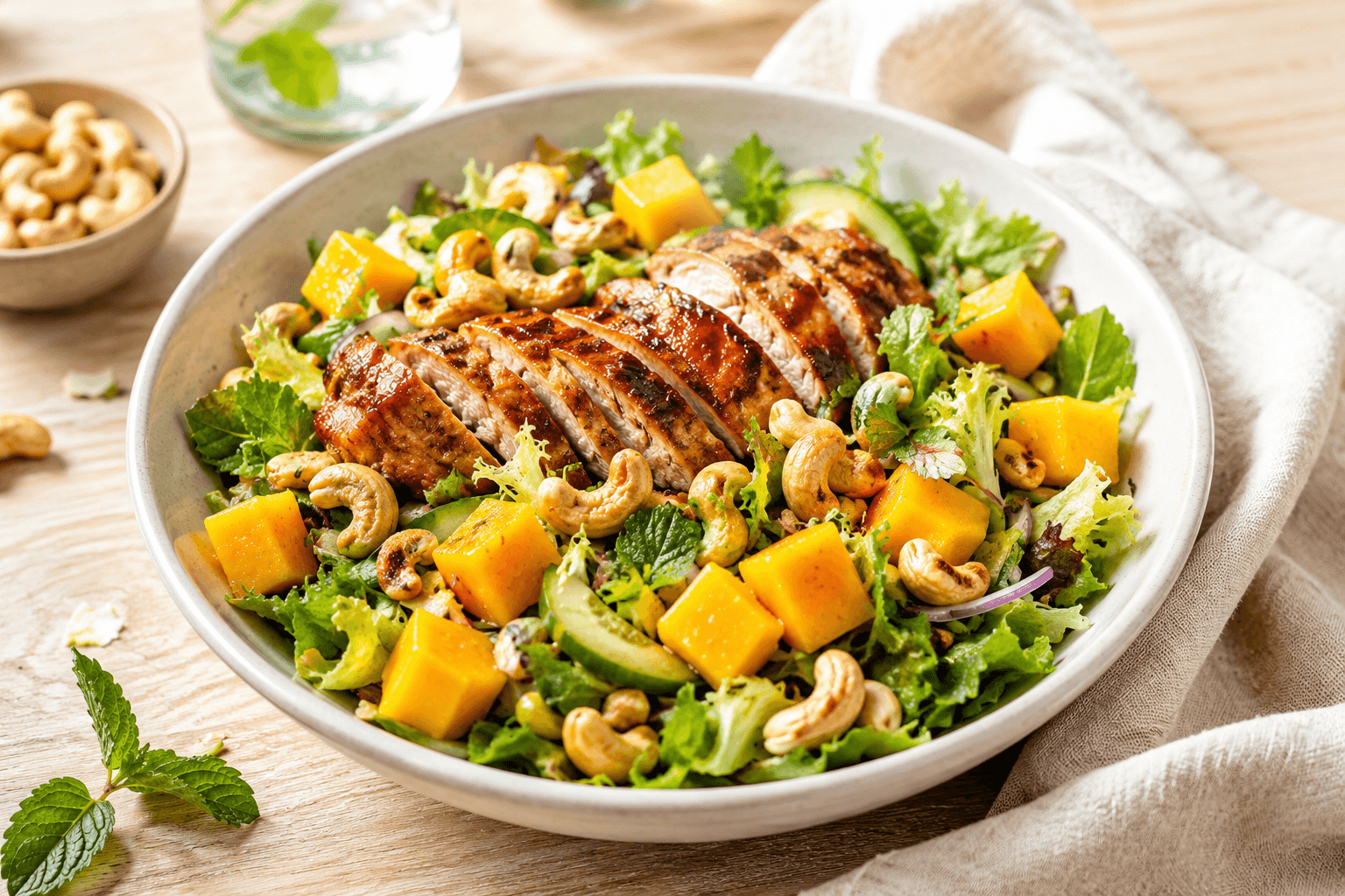 Frisse zoete kipsalade met mango en cashewnoten