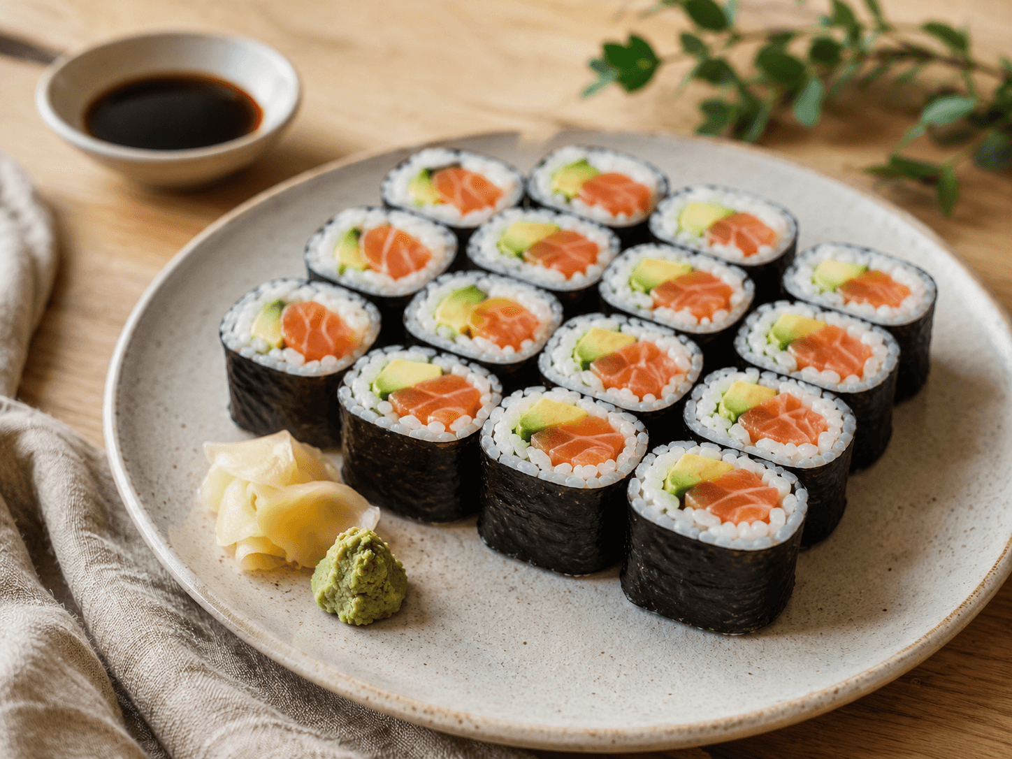 Huisgemaakte Zalm en Avocado Maki Sushi als hoofdafbeelding