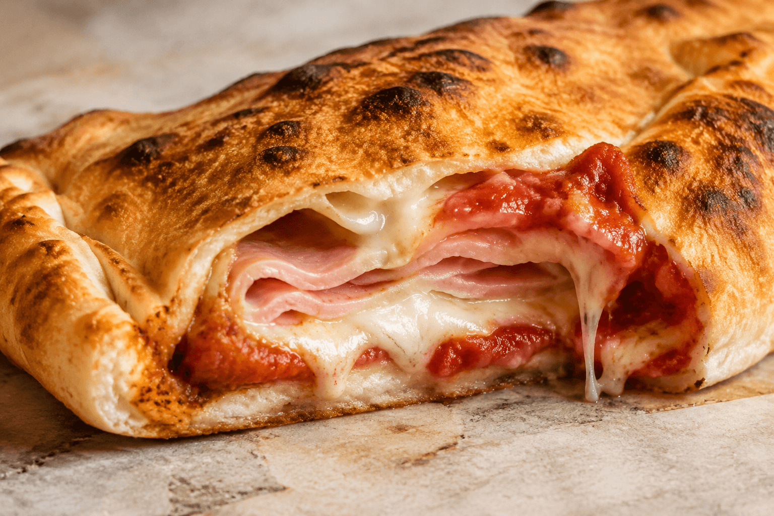 Close-up van Klassieke Pizza Calzone met Ham en Mozzarella