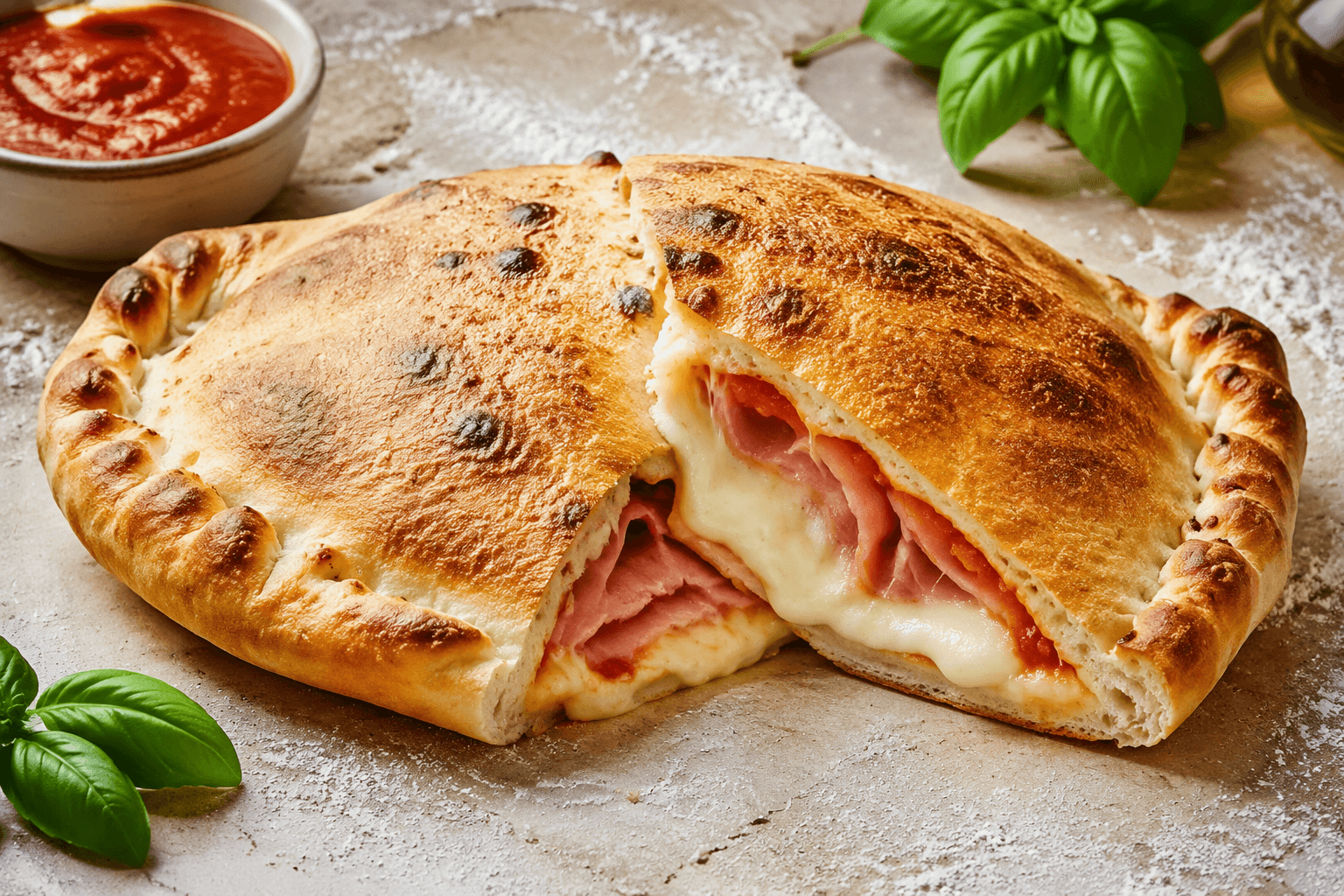 Klassieke Pizza Calzone met Ham en Mozzarella als hoofdafbeelding