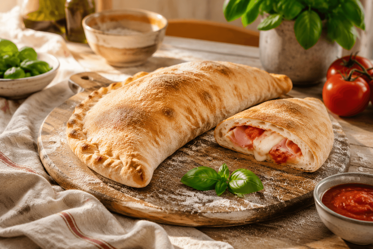 Sfeerfoto van Klassieke Pizza Calzone met Ham en Mozzarella