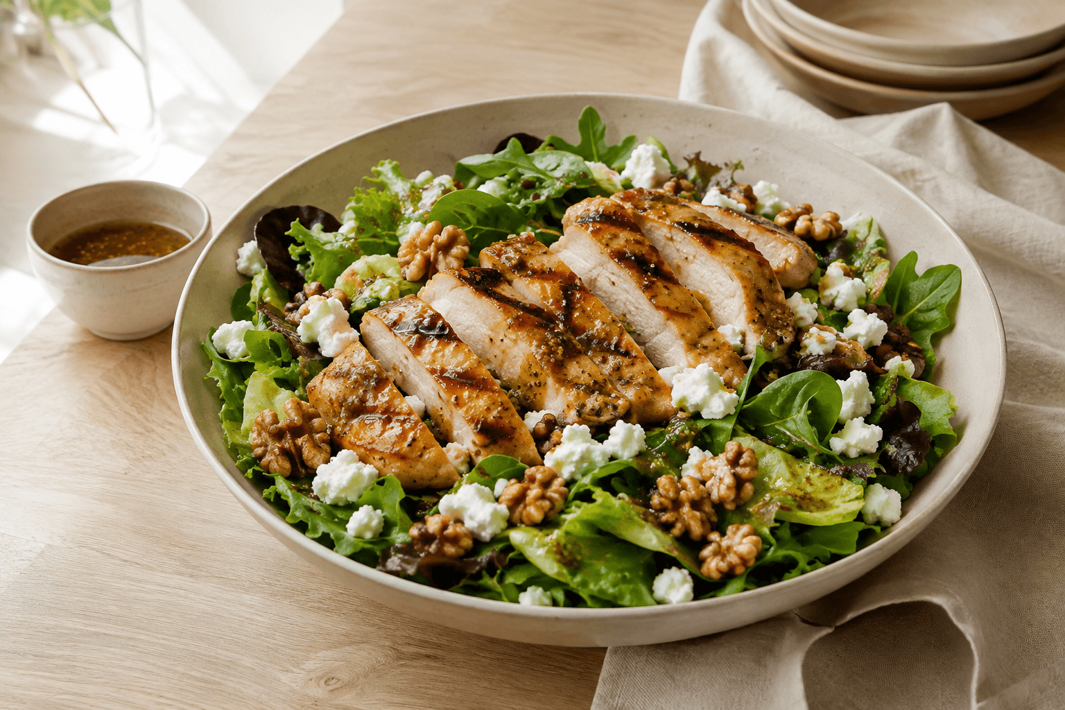 Maaltijdsalade met gegrilde honingkip, geitenkaas en walnoten