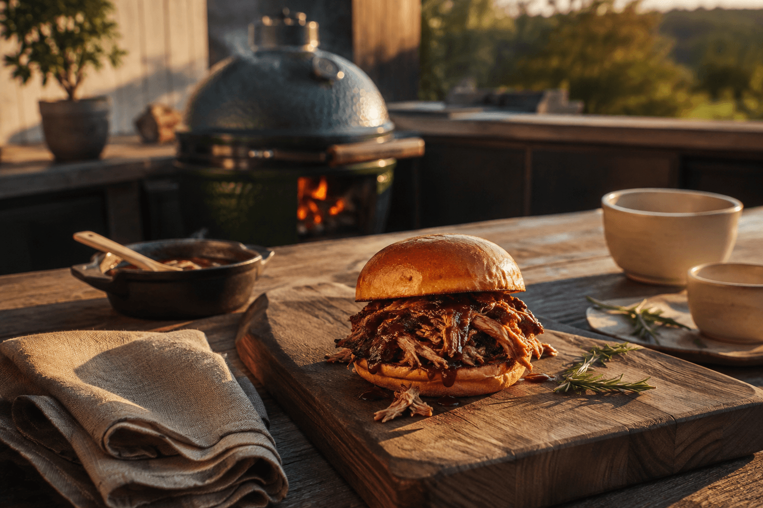 Sfeerfoto van Mals langzaam gegaarde pulled pork van de BBQ
