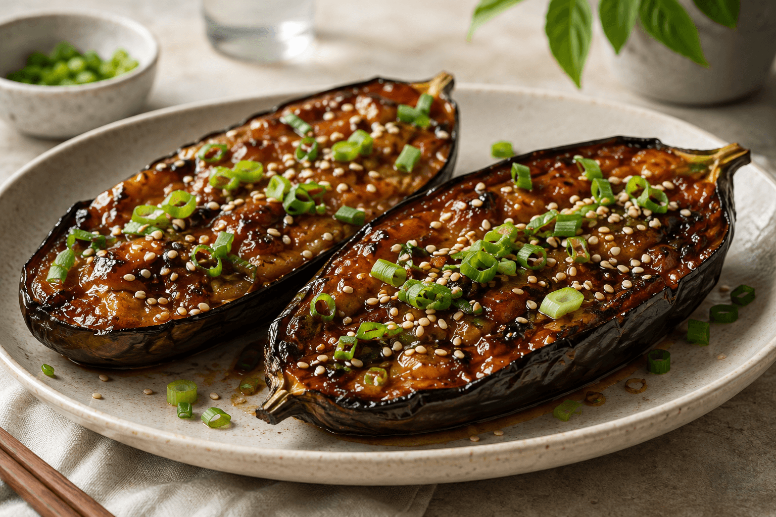 Sticky Miso Aubergine met Sesam en Bosui als hoofdafbeelding