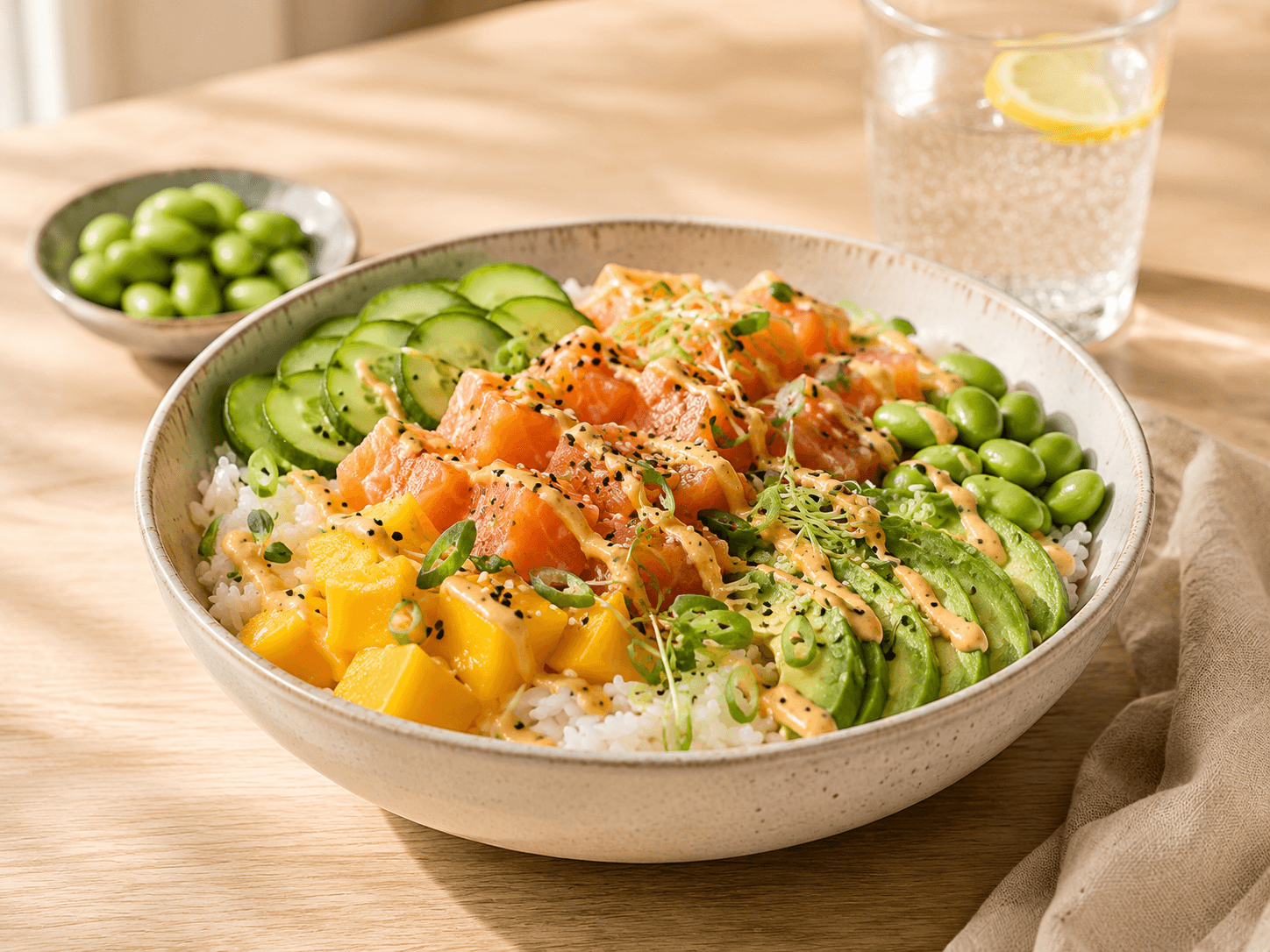 Verse Poke Bowl met Zalm, Mango en Sriracha-mayonaise als hoofdafbeelding