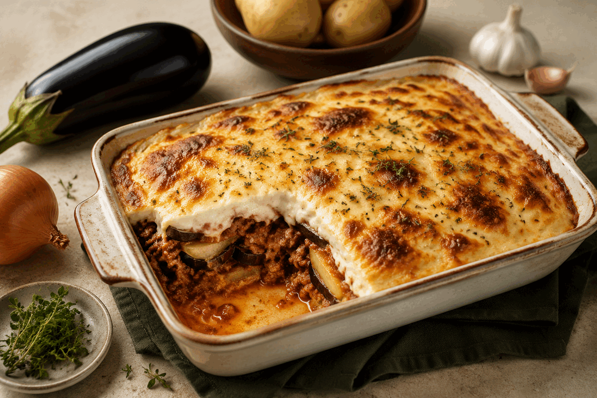 Griekse moussaka met aubergine en lamsgehakt