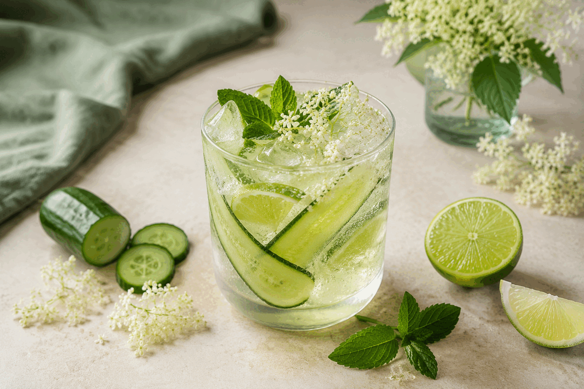 Komkommer-vlierbloesem mocktail