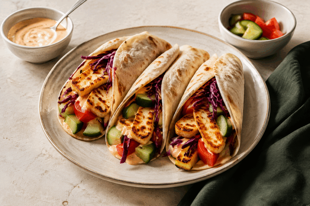Krokante halloumiwraps met harissa-yoghurt