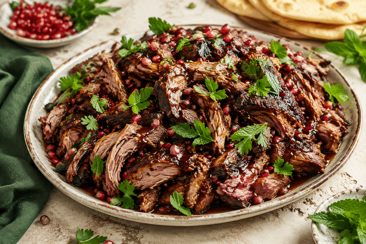 Low & slow pulled lamb met granaatappel